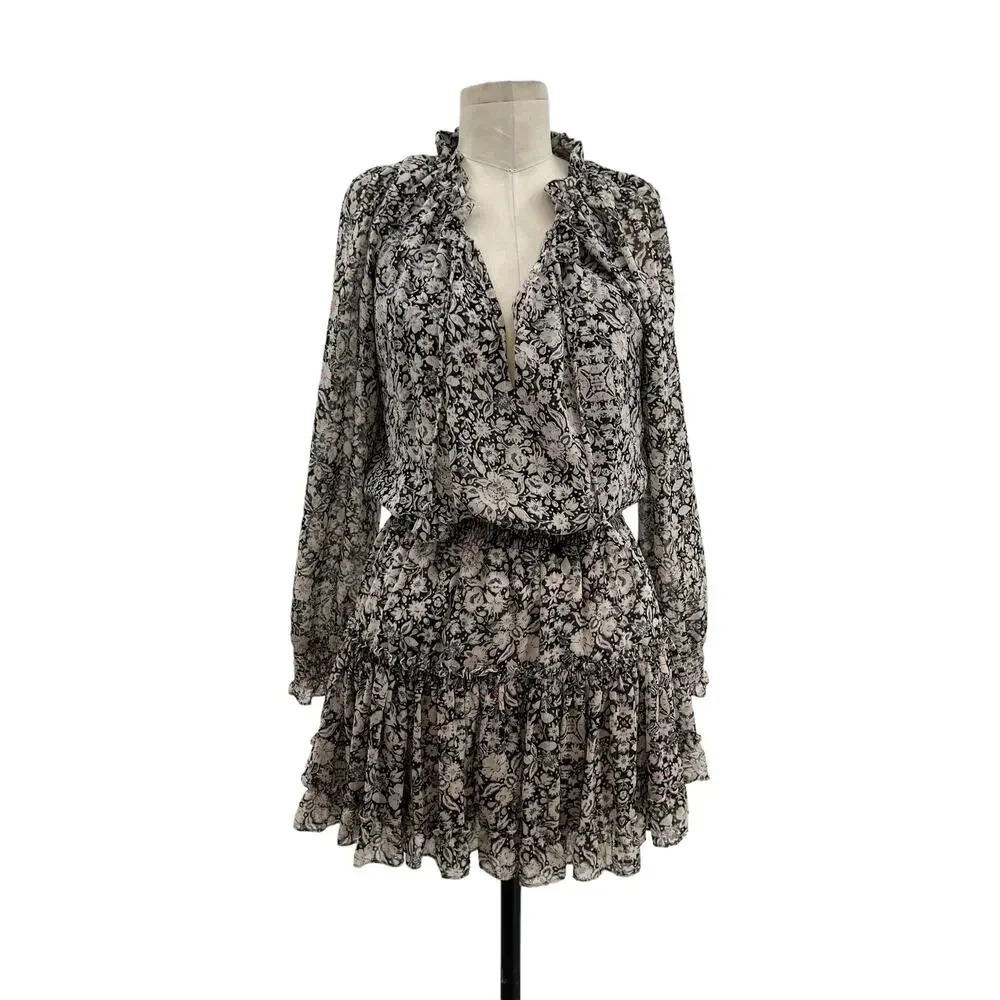 MISA Los Angeles‎ Floral Print Long Sleeve Smocked Mini Dress Black Size Medium